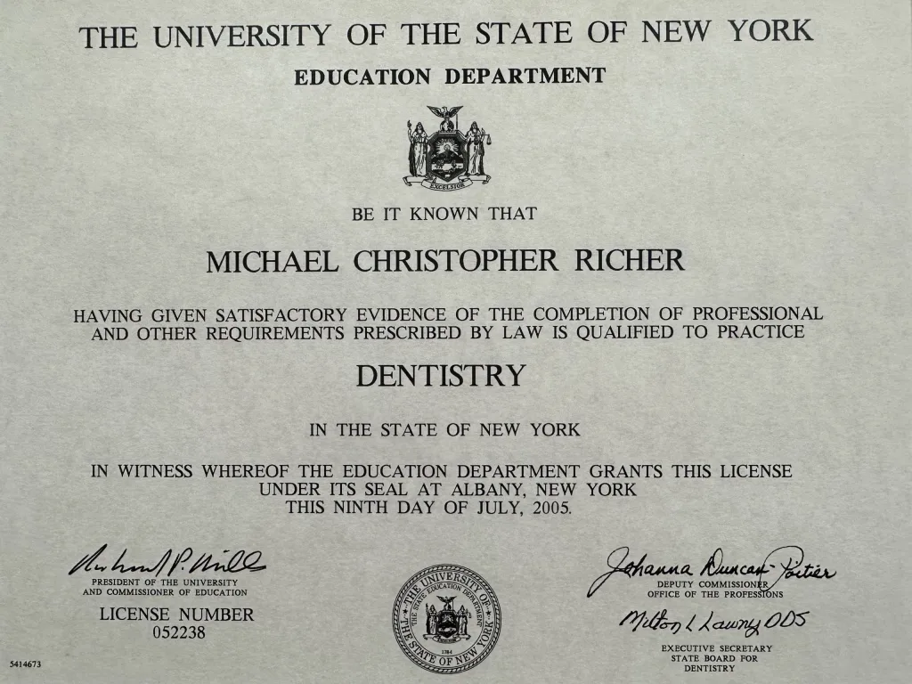 Dr. Richer's dentistry certificate